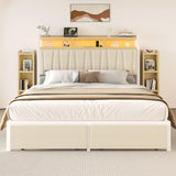 Lazmvlz King Size Bed Frame with 2 Storage Drawers, LED Chenille Headboard with 2 Movable Storage Cabinets, Platform Bed with Charging Station, No Box Spring Needed, Easy Assembly, Beige