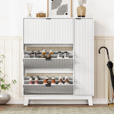Shoe Cabinet Storage for Entryway with 3 Flip Drawers & Side Cabinet, Fluted Narrow Shoe Organizer with Wooden Leg, Freestanding Shoe Storage Hidden Shoe Rack Organizer for Front Door Entrance, White
