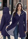 ATLASLAVA Rain Jacket Women Waterproof Raincoat Long Hooded Lightweight Windbreaker Outdoor Trench Coat Navy Blue 2XL