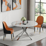 Maotifeys 45'' Round Dining Table White Marble Dining Room Table for 4-6, Circle Faux Marble Kitchen Table with 4 Silver Mirrored Stainless Steel Legs for Dining Room, Bistro, Breakfast (Table Only)
