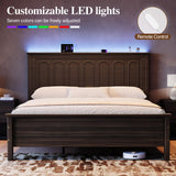 Uteeran Queen Size Bed Frame with Tall Headboard, Mid Century Modern Wood Platform Bed with Charging Ports and LED Lights, Solid Wood Slat Support, No Box Spring Needed, Easy Assembly, Walnut Brown