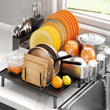 Urackify Dish Rack for Kitchen Counter, 304 Stainless Steel Dish Drying Rack, Expandable Dish Drainer, Foldable Dish Strainer with Cutlery Holder, Kitchen Plate Rack (Black, Large Size)