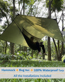 Sunyear Hammock Camping with Rain Fly Tarp and Net, Portable Camping Hammock Double Tree Hammock Outdoor Indoor Backpacking Travel & Survival, 2 Tree Straps,100% Waterproof Green Bundle