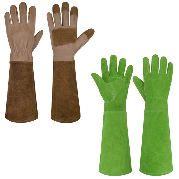2 Pairs of Pruning Gloves Long & Ladies Leather Gardening Gloves, Thorn Proof Gauntlet Gloves, Large