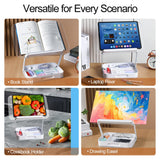 ZOEY Acrylic Book Stand for Reading Adjustable Book Holder with 360 Rotating Base and Storage Foldable Desktop Riser Stand for Cookbook Laptop Tablet Textbook Music Score with Page Clip 13.4x9.3x2.8in