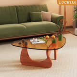 LUCKIIA Coffee Tables Glass Small Farmhouse Coffee Table Mid-Century Modern Wood Center Table for Living Room, Walnut Brown, 32 Inch
