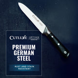 Cutluxe Serrated Kitchen Utility Knife - 5" Tomato Knife – Ultra Sharp Blade, Ergonomic Handle, Full Tang, Forged High Carbon German Steel – Artisan Series
