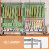 M MZG Heavy Duty Rolling Garment Rack 3 Tiers Adjustable Wire Shelving Clothes Rack with 2 Rods and Side Hooks, Storage Closet Clothing Rack with Wheels Chrome 17.7" D x 47.2" W x 83.6" H