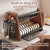 QIUHTR Modern Wooden 2-Tier Dish Drying Rack,Stainless Steel Dish Drainer,Saving Kitchen Space,with Removable Cutlery Holder,with Utensils Flatware Holder Set