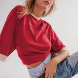 Songling Womens 3/4 Length Sleeve Casual Loose Fit Summer Tee Shirt Basics Cotton t Shirts Trendy Tops Red