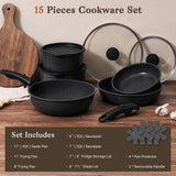 SODAY 15Pcs Pots and Pans Set Non Stick, Cookware Sets with Detachable Handle, Nonstick RV Kitchen Cooking Tools Removable Handles, Black