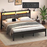 E-Motie King Size Bed Frame with LED Lights and Charging Station, Wood Storage Headboard with 2-Tier Shelves, Heavy Duty Metal Slats, No Box Spring Need, Noise Free, Easy Assembly, Light Grey