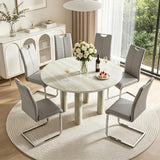 SSLine Faux Mars Stone Round Dining Table Set for 6 w/Grey Leather Chair