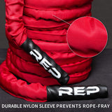 REP Battle Ropes - PolyDacron Battle Rope for Strength and Conditioning Workouts – 1.5" and 2" Diameter, 30ft, 40ft, 50ft Lengths with Optional Cover Sleeve (Red with Sleeve, 1.5 x 30 ft)