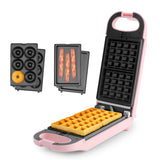 Swap & Flip Waffle Maker with Removable Plates: 3-in-1 Panini Press, Mini Donut Maker, and Waffle Iron AROMA