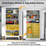 PAOFIN 71''H Tall Metal Garage Storage Cabinet with Wheels,Steel File Cabinets with 2 Doors and 4 Adjustable Shelves for Home Office, Warehouse, Required Assembly,White