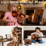 2 in 1 Dual-use Music Stand & Desktop Book Stand, Adjustable Height 16.5"-51", 100% Solid Wood Laptop Floor Stand Book Holder with Elastic Page Clips for Cookbooks (Black Walnut with Tray and Wheels)