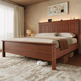 Uteeran Queen Size Bed Frame with Tall Headboard, Mid Century Modern Wood Platform Bed with Charging Ports and LED Lights, Solid Wood Slat Support, No Box Spring Needed, Easy Assembly, Warm Brown