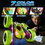 Zalneo Remote Control Car – 4WD 360° Flip Double‑Sided RC Stunt Car LED Light Bar & USB‑C Modular Battery, Off‑Road Toys for Boys Ages 6‑12, Birthday Gift, Black‑Green