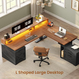 Farmhouse L Shaped Standing Desk, 70.1" x 73.2" Height Adjustable Home Office Executive Desk with Drawers, Power Outlet