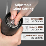 On The Go 135 Manual Coffee Grinder - Stainless Steel Conical Burr with Adjustable Setting, Double Bearing - Max Capacity 0.88oz, Hand Grinder for Home, Travel and Camping, and Gift