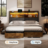 BRELTAM Queen Bed Frame with 6 Storage Drawers, Linen Upholstered Headboard, Built-in USB Charging Station & LED Lighting, Silent Metal Support, No Box Spring Needed, Vintage Brown