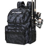 PLUSINNO Fishing Backpack with Rod Holders & Cooler, 45L Large Water-resistant Fishing Tackle Bag,Fishing Tackle Backpack Store Fishing Gear For Camping,Fishing Gifts for Men Sport Bags Black Camo