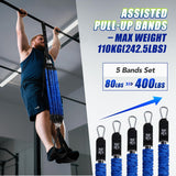 ALongSong Pull Up Assistance Bands with Foot Support Pedal - Upgrade Heavy Duty Resistance Bands Adjustable Weight/Height with 5x80Lbs Bands&Measured Strap for Strength Training Home Gym Core Workout