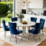 SSLine Faux Stone Round Dining Table Set for 6 w/Velvet Chair,Mars Pattern