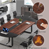 Walnut and Black Conference Room Table Curved for Office with Rectangle Grommet, Modern Meeting Table for Office