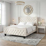 Queen Upholstered Bed Frame, 50-Inch Wingback Headboard, Cream White