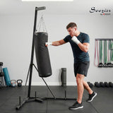 Soozier Punching Bag with Stand for Adults, 72.8"-90.9" Height Adjustable Freestanding Boxing Stand with Canvas Sandbag, Stable Triangular Base and 1" Weight Plate Storage for Home Gym MMA, Black