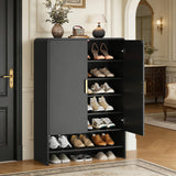 45'' Shoe Storage Cabinet, 6-Tier Tall Shoe Rack Holds Up to 30 Pairs, Wood Entryway Organizer Cabinet with Curved Design, Adjustable Shelves for Front Door, Hallway (Black)