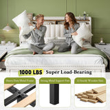 EnHomee King Fabric Upholstered Bed Frame with 4 Drawers and Rivet Decor Storage Headboard, 1000LBS Wooden Slats Support for Apartment, No Box Spring Needed, Easy Assembly, Beige