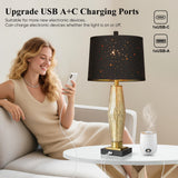 QiMH Glass Table Lamps for Bedroom Set of 2, Modern Beside Lamp with USB A+C Charging Ports, Nightstand Lamps for Living Room with Black Star Lampshade, Rotary Switches, Black Gold