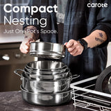 CAROTE 18pcs Stainless Steel Cookware Set with Detachable Handle, Nonstick Pots and Pans Set, Induction Kitchen Cookware Sets with Removable Handle, RV Cookware Set, Oven Safe, Camping Cookware, Black
