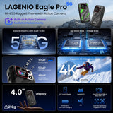 LAGENIO Eagle Pro Mini 5G Rugged Smartphone for Live Streaming Without Wi-Fi, 4K Action Camera, Android 16, 36GB+256GB/1TB, Image Stabilization, 4.0" Display, Dual SIM, NFC, IP69K, Black