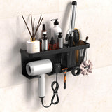 YIHOFLO Hair Dryer Holder Wall Mounted Adhesive/Drilling, Hair Dryer Storage Organizer with Shelf & Hooks for Bathroom, Blow Dryer Holder, Hair Tool Organizer (Black)