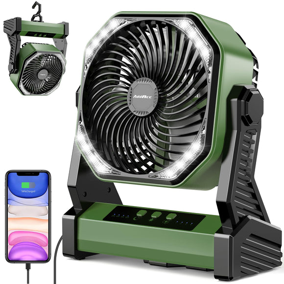 AddAcc 20000mAh Battery Operated Fan, Portable Rechargeable Desk/Camping Fan with Light and Hook, 270° Pivot 4 Speeds Battery Powered Outdoor Fan for Tent Car Trip Sleep Hurricane Power Outages… AddAcc