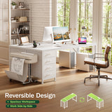 PRAISUN 63 Inch Computer Office Desk with Power Outelts and USB-C Port, Reversible Gaming Desk with 4 Fabric Drawers, Work Study Desk Work from Home, White