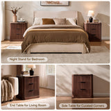 Lerivos Modern Fluted Nightstand Set of 2 with 3 Drawers, 22.8" Wide Wooden Bedside Table in Walnut, Faux Marble Top, Metal Handle, Curved Silhouette Design for Bedroom, Living Room, Office