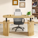 Xyulmeo Mid Century Modern Electric Standing Desk with Storage, 55 x 22 Inch Small Sit Stand Up Desk, Wood Adjustable Height Computer Executive Desk for Home Office, Laptop, Oak