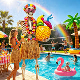 HejVulkan 10 Pcs 12ft Skeleton Outfit Set – Summer Halloween Decoration with Grass Skirt, Leis, Glasses and Cocktail Balloon for Yard Lawn Garden Decor