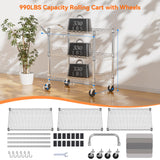 NTE 3 Tier Heavy Duty Rolling Utility Cart on Wheels, 990Lbs Capacity Rolling Wire Cart, Kitchen Carts on Wheels, NSF Commercial Metal Serving Cart with Handle and Shelf Liners for Kitchen, Restaurant