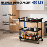 WORKPRO 3-Tier Service Utility Cart, 400LBS Plastic Rolling Cart with Handles & Lockable Wheels, Heavy Duty Storage Cart for Restaurant, Kitchen, Office, Garage, Warehouse