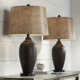 Franklin Iron Works Kaly 25" High Rustic Traditional Natural Cottage Set of 2 Table Lamps with USB Ports A+C Charging Hammered Oil Rubbed Bronze Faux Leather Drum Shade Living Room Desk Bedroom