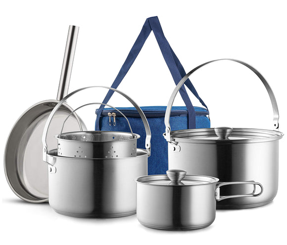 Camping Cookware Set 304 Stainless Steel 8-Piece Pots & Pans Open Fire Cooking Kit | Frying Pan Steamer with Travel Tote Bag Wealers