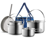 Camping Cookware Set 304 Stainless Steel 8-Piece Pots & Pans Open Fire Cooking Kit | Frying Pan Steamer with Travel Tote Bag Wealers