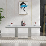 Maotifeys White Marble Dining Table for 6 Modern Luxury Faux Marble Kitchen Table for 4-6,68" Large Dining Room Tables with Columnar-Shape Silver Stainless Steel Base
