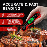 Meat Thermometer Digital，IP67 Waterproof Cooking Thermometer with Backlight, Calibration & Hold Function，Food Thermometer for Cooking,Outdoor Grilling, Red